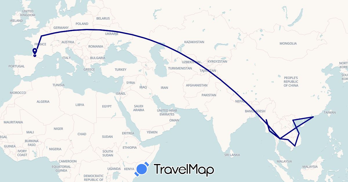 TravelMap itinerary: driving in France, Hong Kong, Cambodia, Myanmar (Burma), Thailand, Vietnam (Asia, Europe)